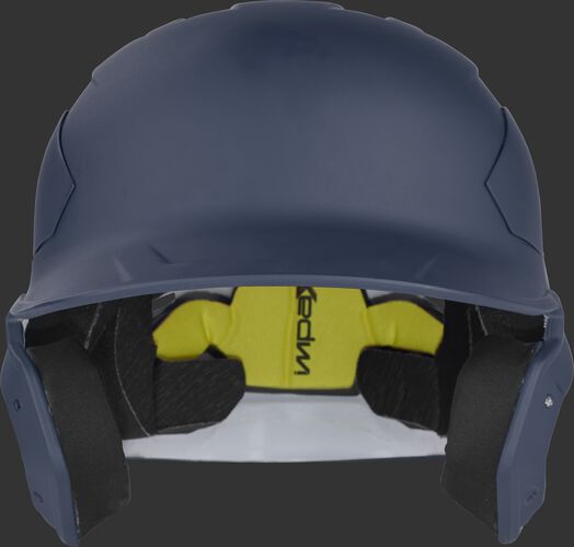 Front of a CAR07A high school/college MACH Carbon baseball helmet with a matte navy shell