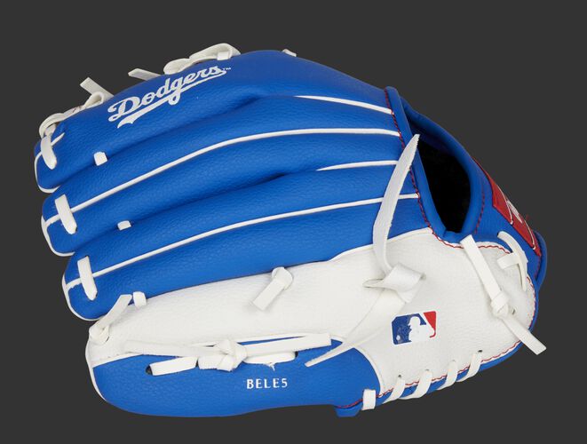 Back of a blue/white LA Dodgers youth infield glove with the MLB logo on the pinky - SKU: 22000011111