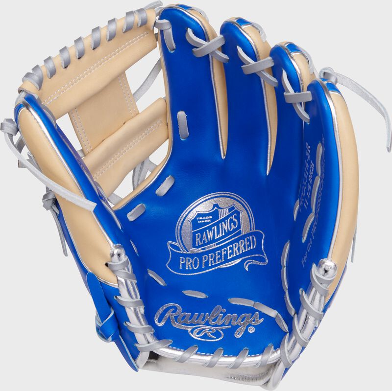 Royal palm of a Rawlings Pro Preferred infield glove with silver stamping and royal laces