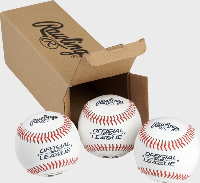3 Rawlings practice balls in front of an open box - SKU: RSGROLB2PK3