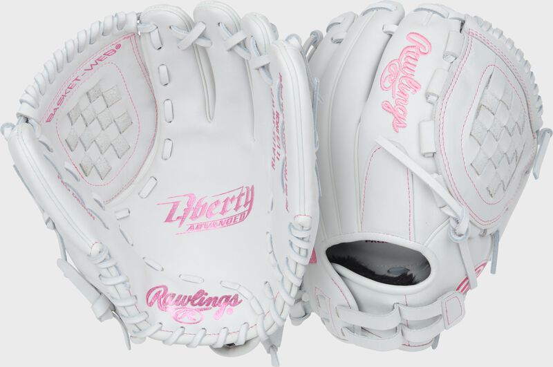 Two images showing the palm & back of a white/pink Liberty Advanced 11.5-inch Fastpitch Softball Glove