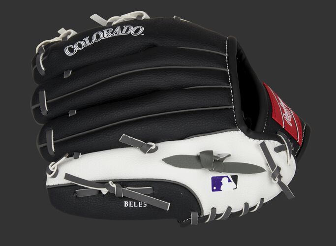 Back of a black/white Colorado Rockies 10-Inch youth glove with the MLB logo on the pinky - SKU: 22000025111