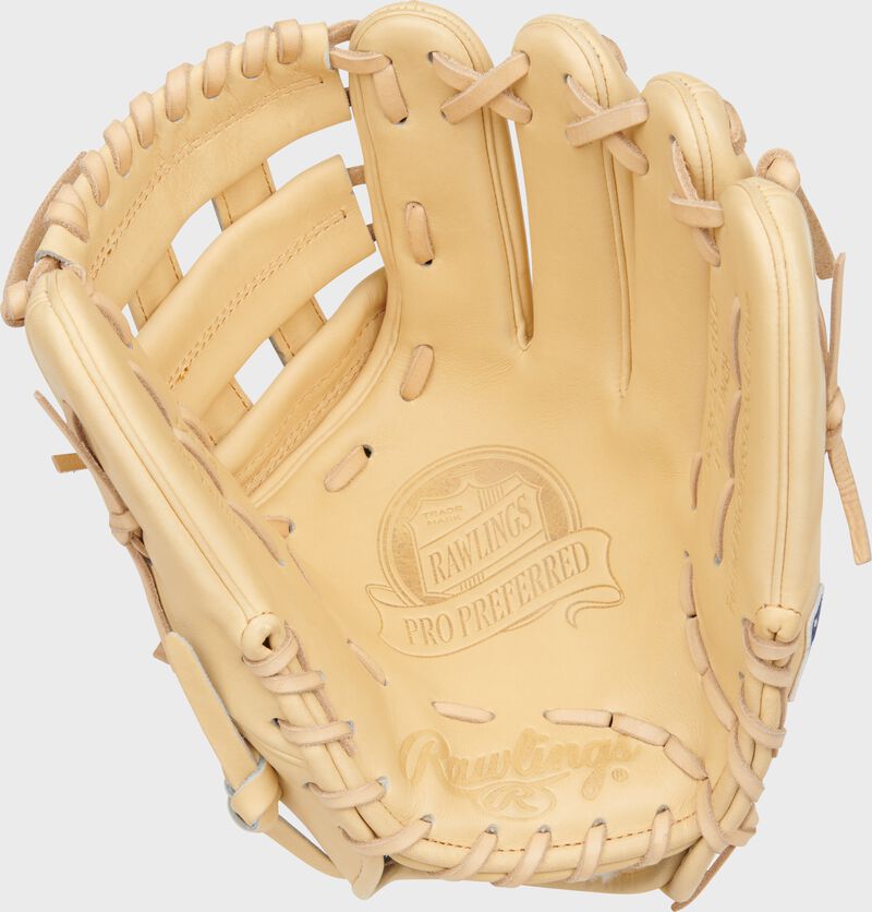 Palm of a camel Rawlings Pro Preferred Brendan Donovan glove with camel laces - SKU: PROS204-6BD
