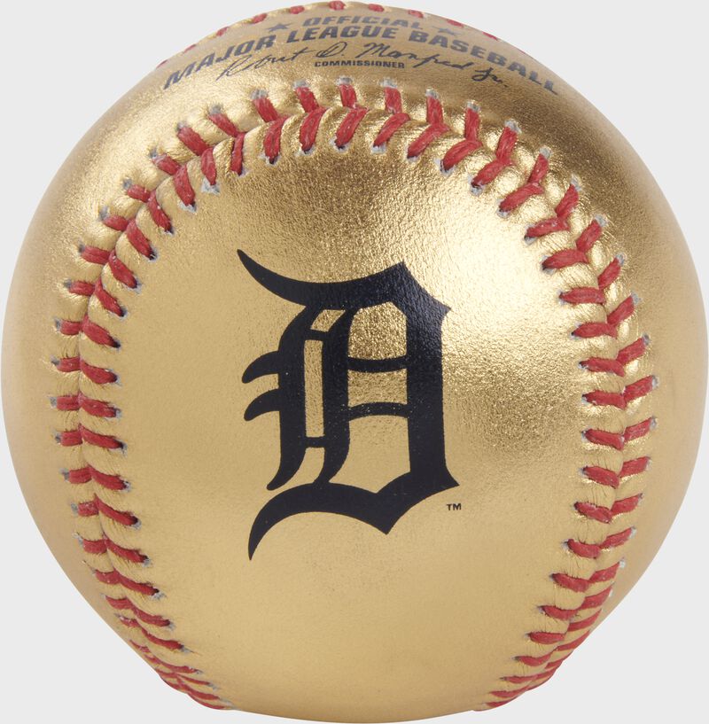 Tigers logo on a gold MLB baseball with red stitches - SKU: RSGEA-GOLDDET-R