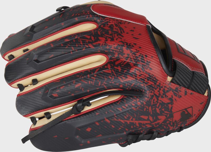 Black/scarlet stylish printed design of a Rawlings REV1X 11.5" infield glove with the MLB logo on the pinky - SKU: REV204-2XCS
