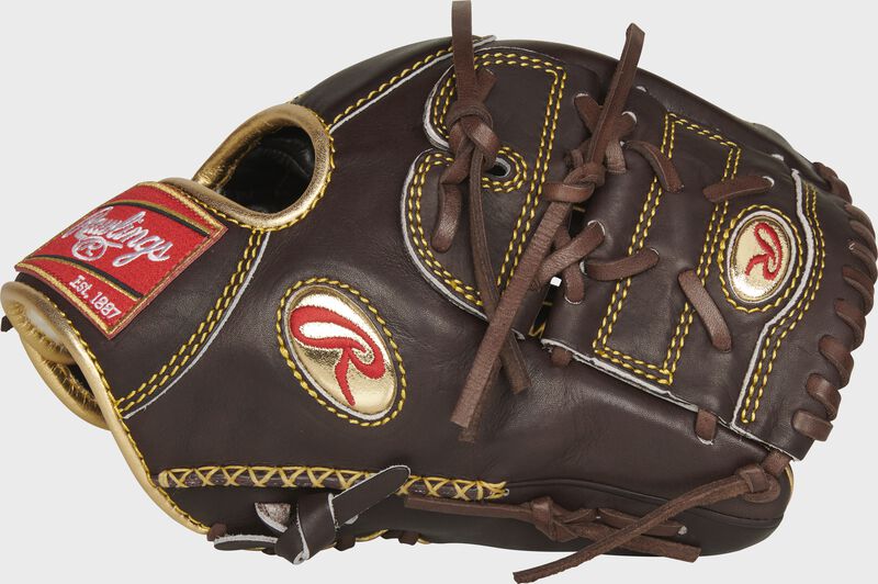 Thumb view of a mocha RGG205-9MO Gold Glove 11.75-inch glove with a mocha two-piece solid web and gold Oval R logo