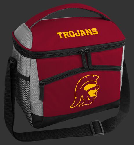 A red USC Trojans 12 can soft sided cooler with a team logo on the front - SKU: 10123100111
