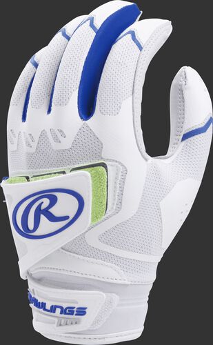A white FPWPBG-R women's Workhorse batting glove with royal trim and pad over the back of the palm