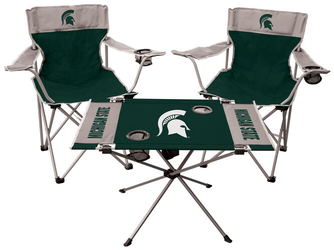 Front of Rawlings Green and Grey NCAA Michigan State Spartans 3-Piece Tailgate Kit With Two Kickoff Chairs, An Endzone Table, And A Transport Bag With Team Logo SKU #00993038511