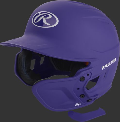 A matte purple MEXT attached to a Mach batting helmet showing the hardware
