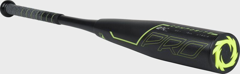 3/4 angle view of a UT9Q12 USSSA Quatro Pro baseball bat with a black barrel and green end cap