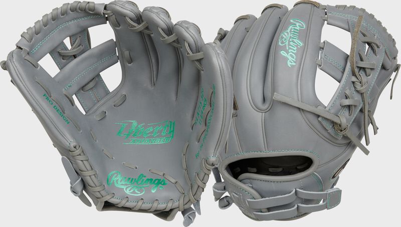 2 views showing the palm/back of a gray Liberty Advanced 11.75" fastpitch infield glove - SKU: RLA715-32G