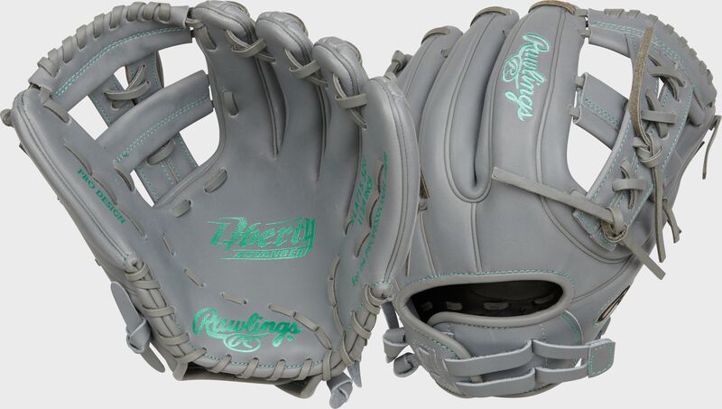 2 views showing the palm/back of a gray Liberty Advanced 11.75" fastpitch infield glove - SKU: RLA715-32G loading=