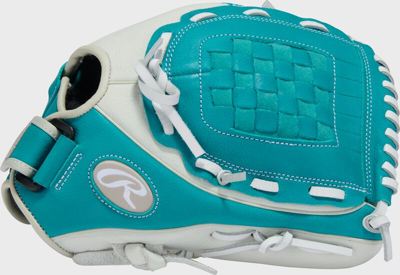 Thumb of a white/teal Shut Out 12-inch Fastpitch Softball Glove loading=