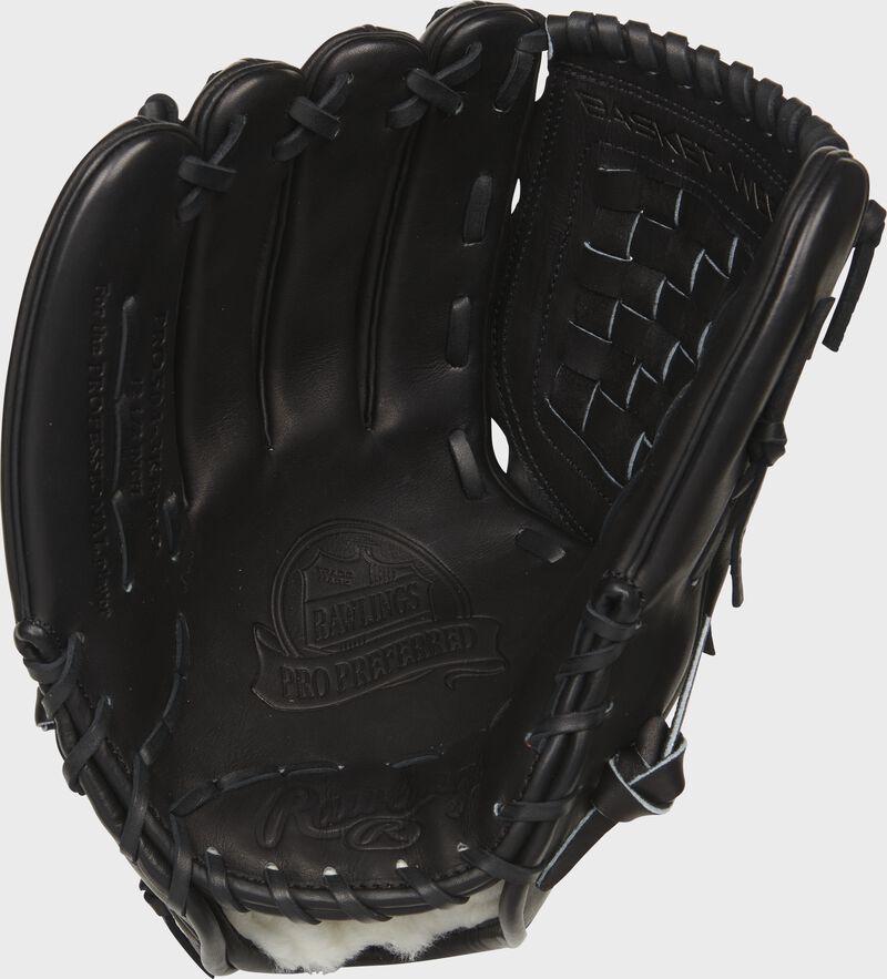 Palm of a black Rawlings Pro Preferred left hand infield/pitcher's glove with a black web and black laces - SKU: PRO504-3KBPRO-RH