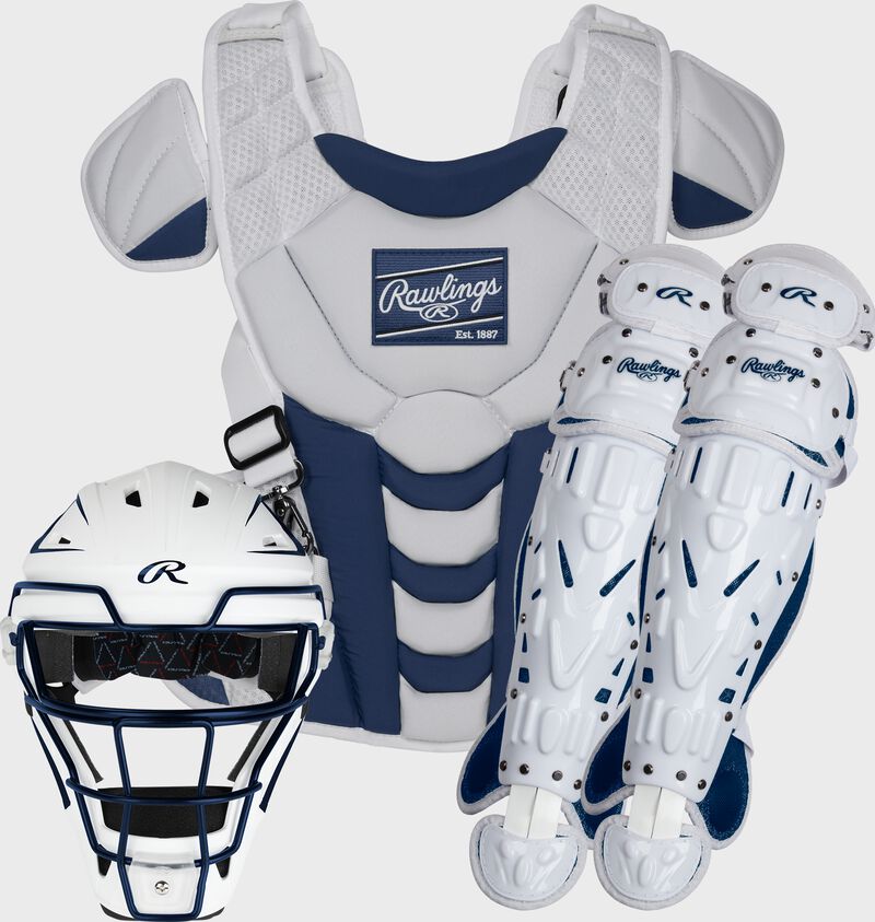 A white/navy Velo fastpitch catcher's gear set with a helmet, chest protector and leg guards - SKU: CSSBL-W/N