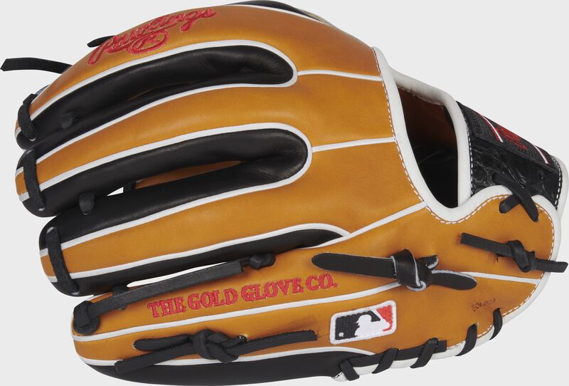 Back of a tan/black HOH ColorSync 6.0 11.5-inch infield glove with the MLB logo on the pinky - SKU: PRO934-2T