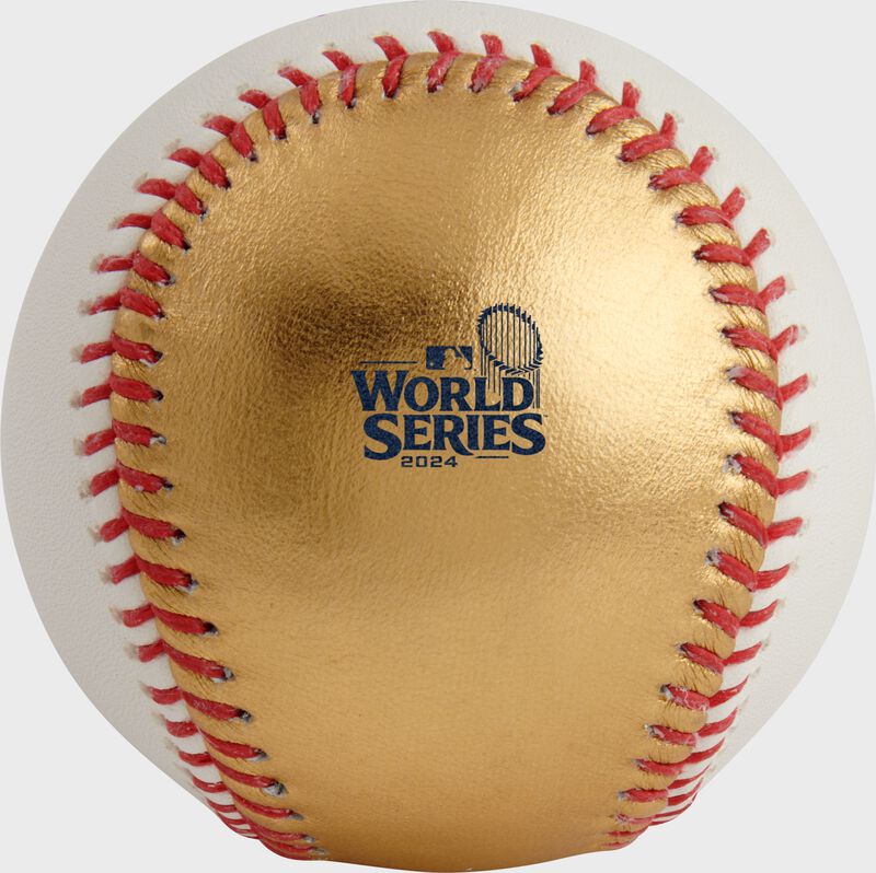 2024 World Series logo stamped on the gold side of a MLB World Series dueling baseball