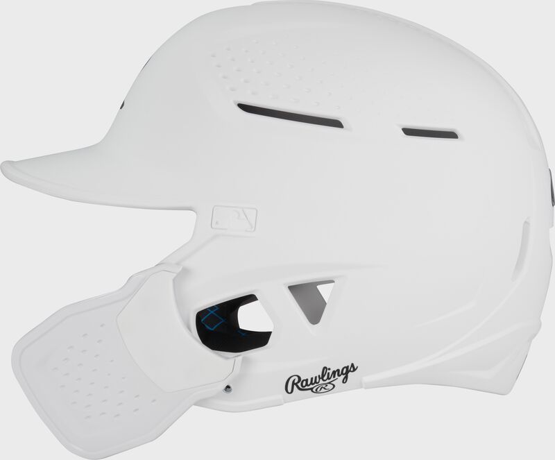 Left side of a white Rawlings RX2 Reverse batting helmet loading=