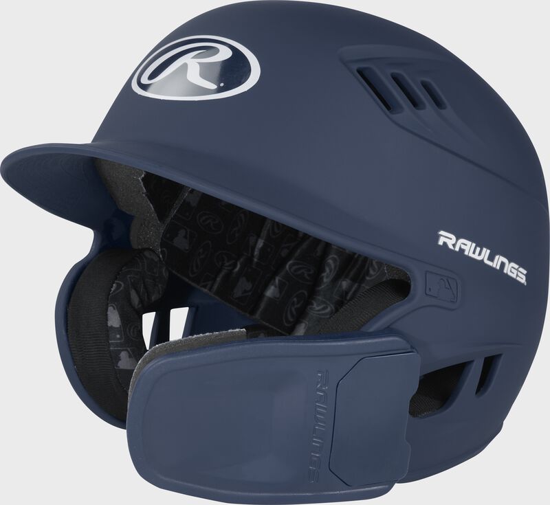 Front left-side view of Navy R16 Reverse Matte Batting Helmet | Junior & Senior - SKU: R6R07