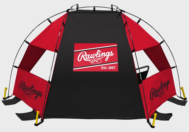 Back of a red/black Rawlings sideline sun shelter with a Rawlings patch logo in the middle - SKU:00974043511