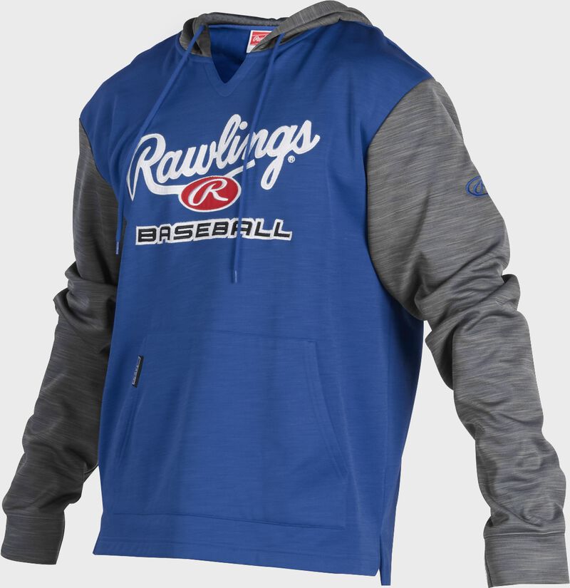 A royal Rawlings adult long sleeve hoodie with a Rawlings log on the chest and heather gray sleeves - SKU: PFH2PRBB-R/GR