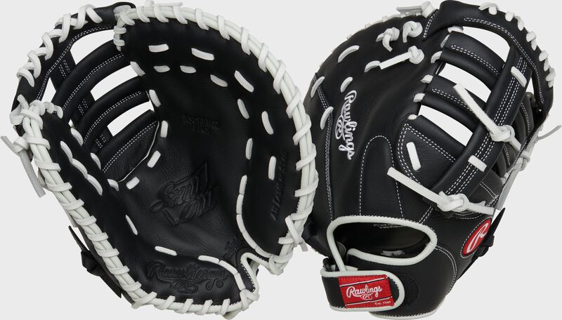 2 views showing the palm/back of a Shut Out 12" fastpitch softball first base mitt - SKU: RSOFBM12 loading=