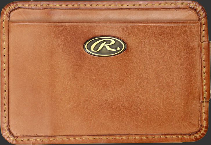 A tan Bases Loaded magnetic money clip with a gold Oval R logo emblem - SKU: RW80002-204