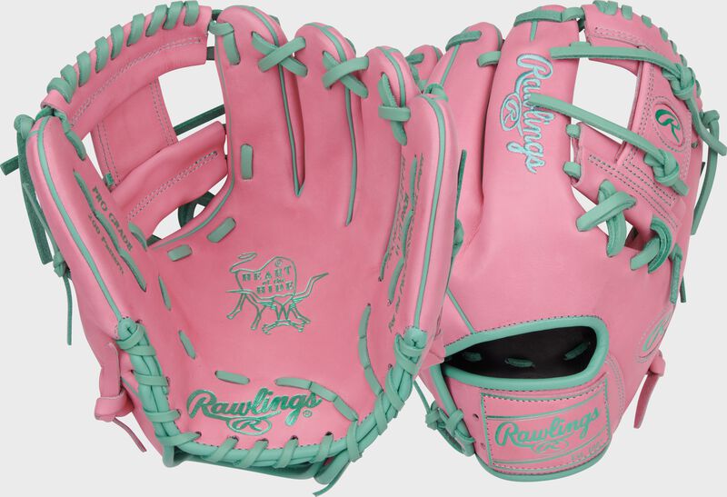 Two images showing the palm & pinky of a Heart of the Hide Vibrant Series pink 11.5" infield glove