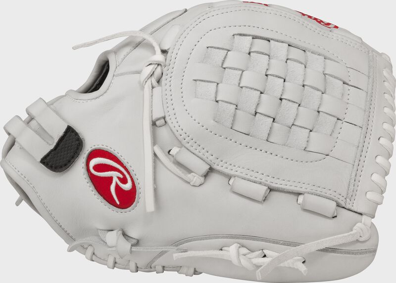 Thumb view of a white RLAKR Liberty Advanced 12.5-inch Keilani Ricketts gameday pattern glove with a white Basket web