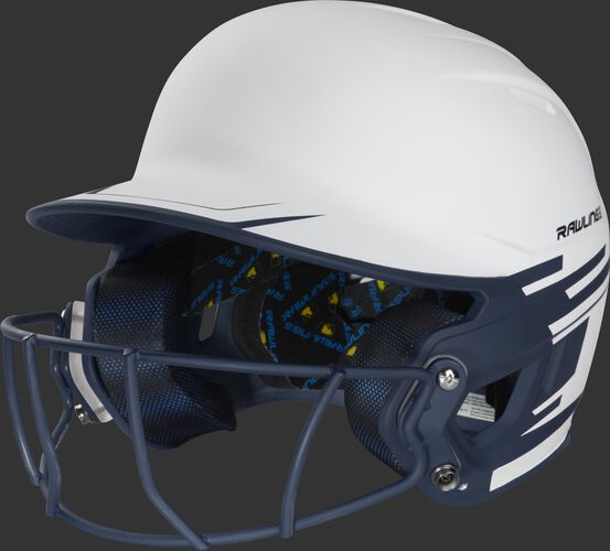 Front left of a white/navy Mach softball helmet with a navy mask - SKU: MSB13S-W/N