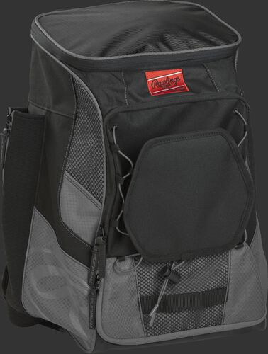 Front right of a gray/black R600 Rawlings backpack without bats