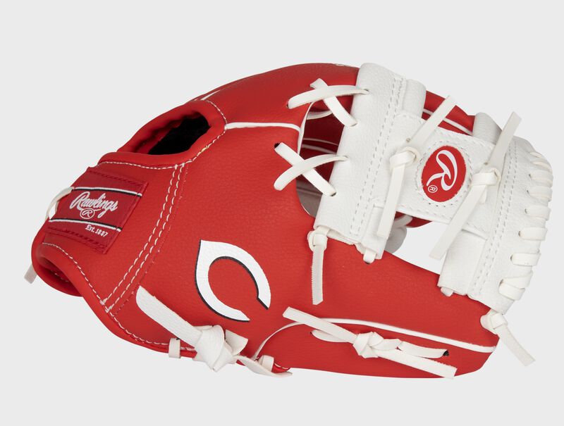 Thumb of a red/white Cincinnati Reds 10-inch team logo glove with a white I-web and Reds logo on the thumb - SKU: 22000023111