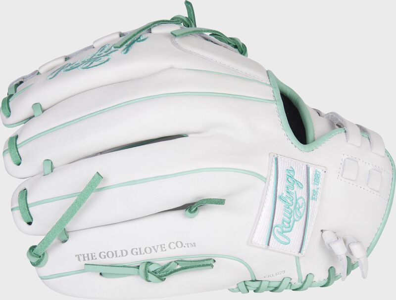 Back of a white Liberty Advanced Color Series 12.5-Inch fastpitch glove with a white/mint Rawlings patch - SKU: RLA125-18WM
