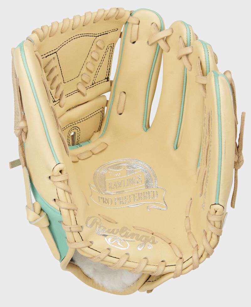Camel palm of a Rawlings Pro Preferred 11.75-Inch glove with a camel web and laces - SKU: PROS205W-30CM