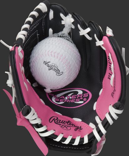 A ball in the palm of a 9-inch Players black/pink t-ball glove - SKU: ACAPL91PB