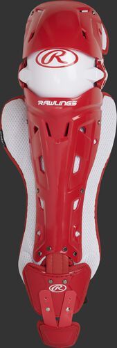 A scarlet Mach adult leg guard with white trim and intelligent knee position system - SKU: MCHLGA-S