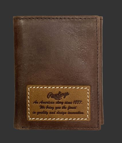 A brown American Story tri-fold wallet with a leather patch telling the Rawlings American story - SKU: RPW002-200