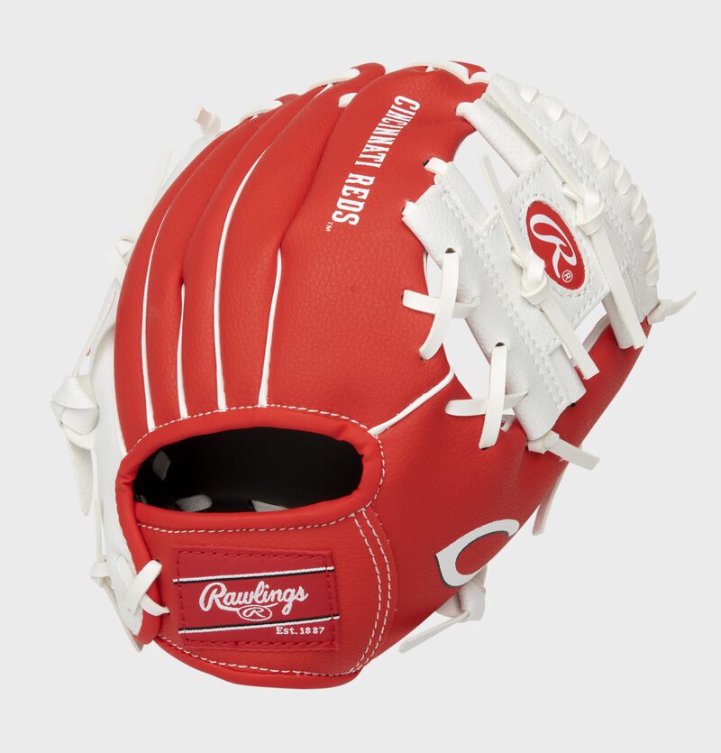 Back of a red/white Cincinnati Reds 10-Inch I-web glove with a red Rawlings patch - SKU: 22000023111