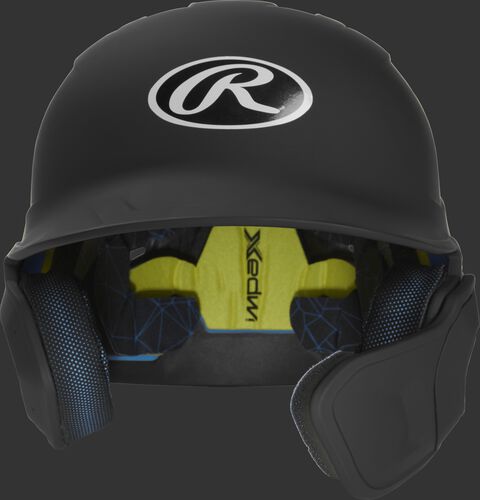 Front of a matte black MACHEXTR high school/college Mach batting helmet with face guard extension for right hand batters