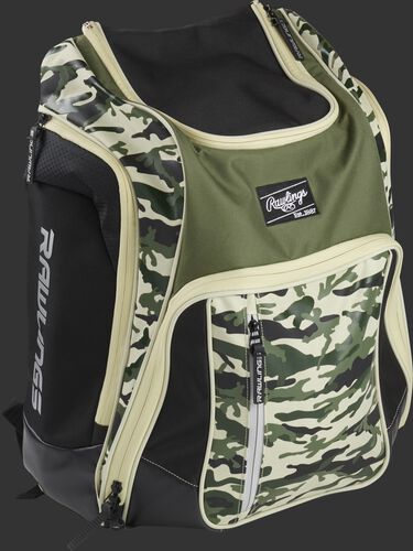 Right angle view of a camo Rawlings Legion backpack - SKU: LEGION-CAMO