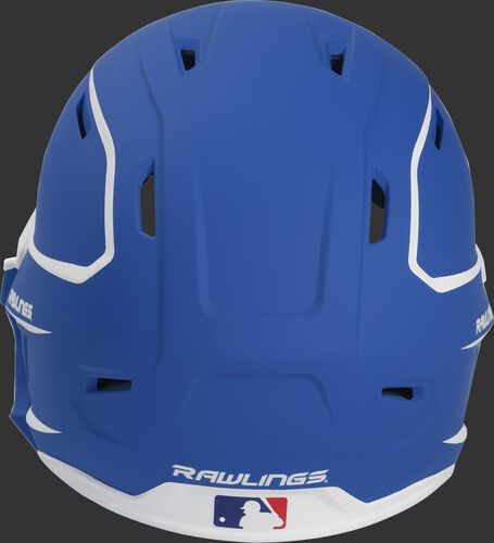Back of a MACHEXTR high performance senior MACH helmet with a matte royal/white shell and Official Batting Helmet of MLB logo