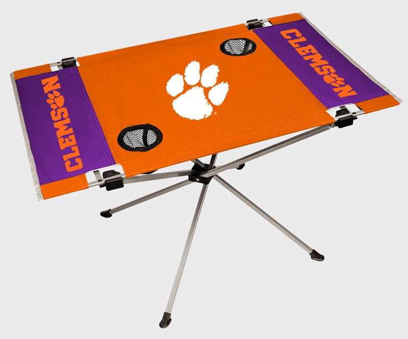 A Clemson Tigers endzone table with a large team logo in the middle