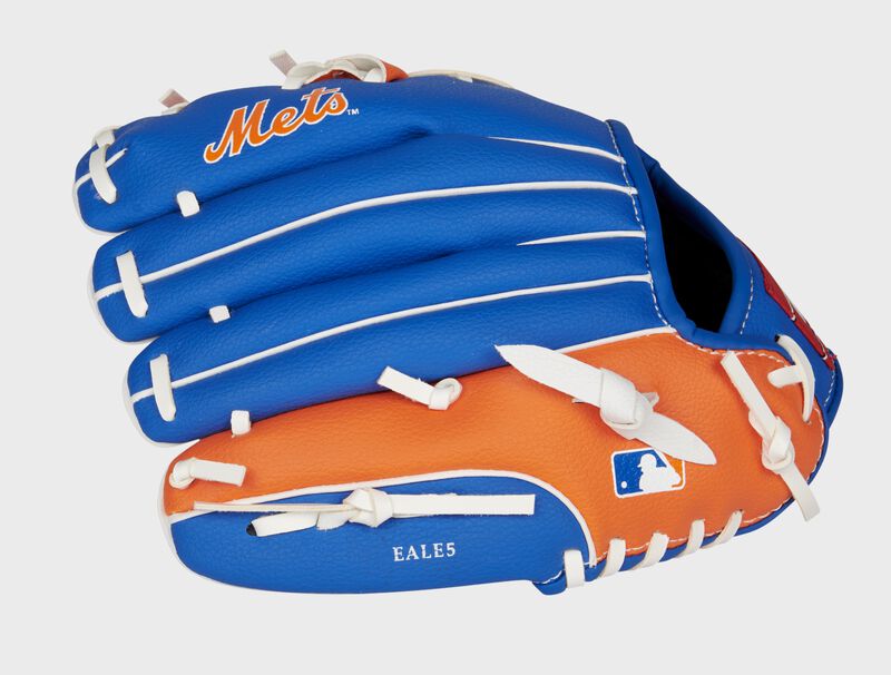 Back of a blue/orange New York Mets 10-inch youth glove with the MLB logo on the pinky - SKU: 22000017111