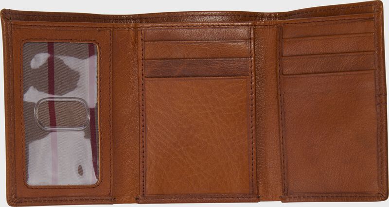A tan Rawlings Home Run Tri-Fold wallet opened up
