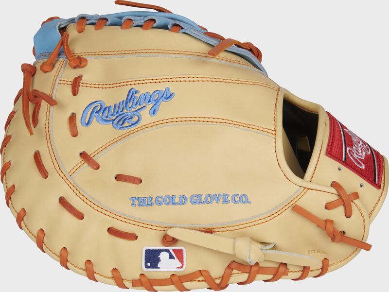 Back of a camel Pete Alonso Heart of the Hide 1st base mitt with the MLB logo on the pinky - SKU: PROFM18-PA20