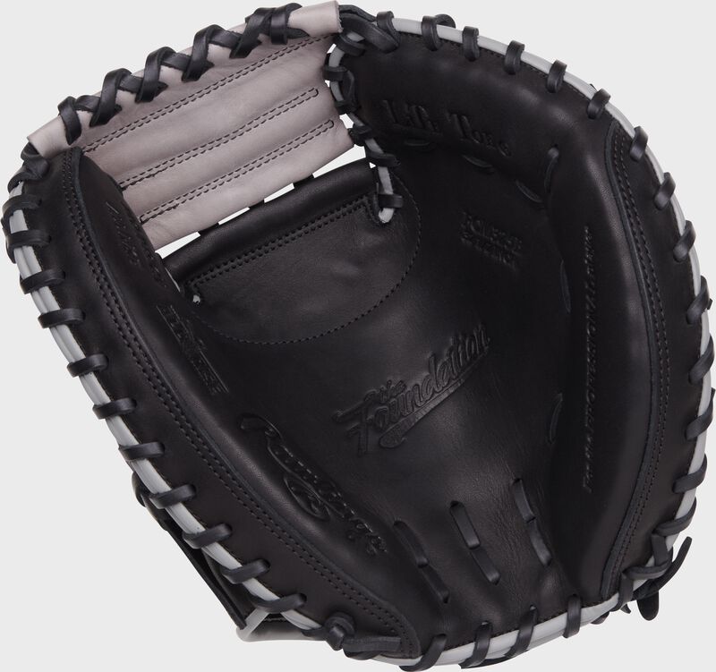 Black palm of a Foundation Series Aaron Judge youth catcher's mitt with black laces - SKU: RSGRFCM325B