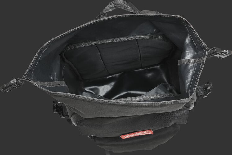 Top view of a black Rawlings CEO coach's bag with the extra storage compartment opened up - SKU: CEOBP-B