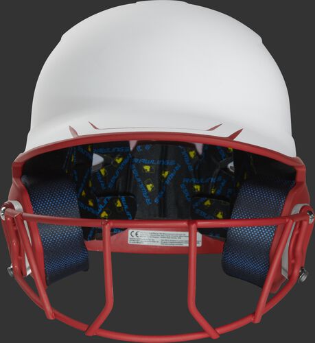 Front of a white/scarlet Mach fastpitch softball helmet with a scarlet mask - SKU: MSB13S-W/S