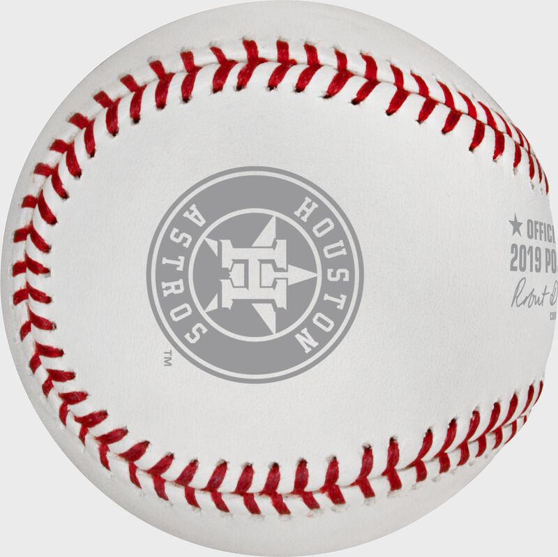 Houston Astros logo stamped on a ALCS19CHMP 2019 American League Champions commemorative baseball